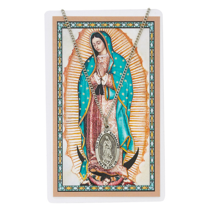 Laminated Holy Card Our Lady of Guadalupe w/ 18" Medal Silver-Tone Pewter Chain
