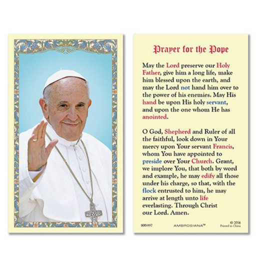 Laminated Holy Card Pope Francis with Prayer For The Pope - 25 Pcs. Per Package