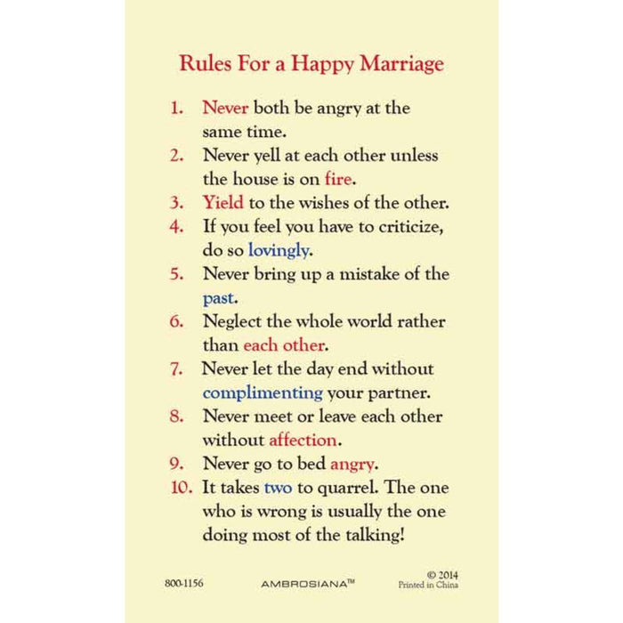 Laminated Holy Card Wedding At Cana Rules For A Happy Marriage - 25 Pieces Per Package
