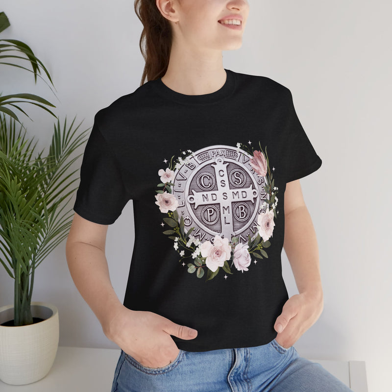 Benedictine Medal T-Shirt – Catholic Faith Floral Tee