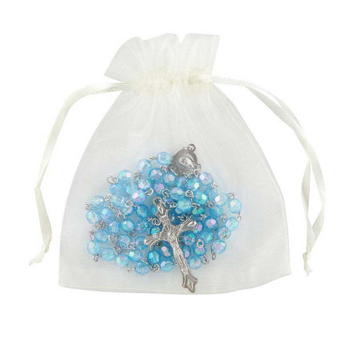 Light Blue Crystal Acrylic Bead Rosary with Madonna Centerpiece - 12 Pieces Per Package