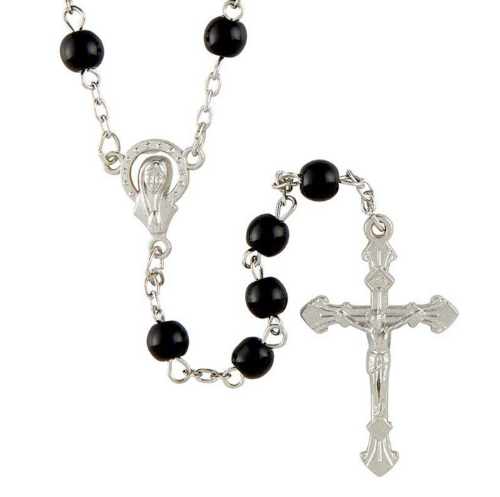 Jet Black Glass Bead Rosary with Madonna Centerpiece - 12 Pieces Per Package