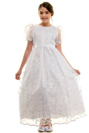 Madison First Communion Organza Bubble Sleeve Dress – Elegant Embroidered Dress with Detachable Satin Bow – Made in USA
