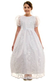 Madison First Communion Organza Bubble Sleeve Dress – Elegant Embroidered Dress with Detachable Satin Bow – Made in USA