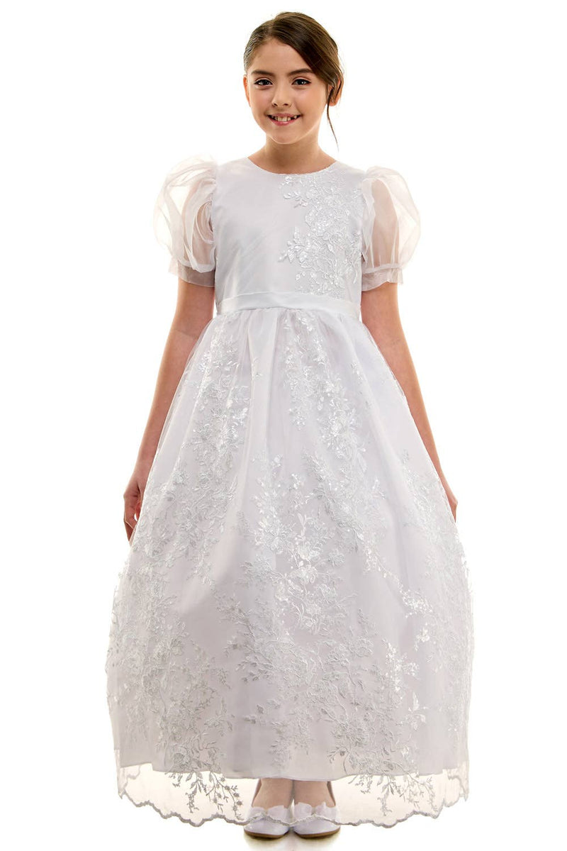 Madison First Communion Organza Bubble Sleeve Dress – Elegant Embroidered Dress with Detachable Satin Bow – Made in USA