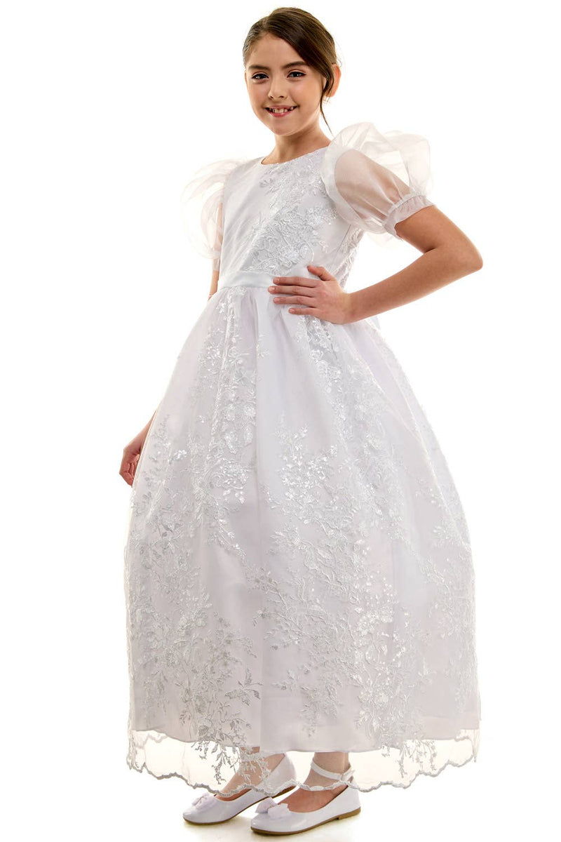 Madison First Communion Organza Bubble Sleeve Dress – Elegant Embroidered Dress with Detachable Satin Bow – Made in USA