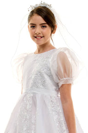 Madison First Communion Organza Bubble Sleeve Dress – Elegant Embroidered Dress with Detachable Satin Bow – Made in USA