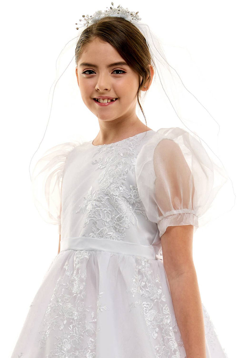 Madison First Communion Organza Bubble Sleeve Dress – Elegant Embroidered Dress with Detachable Satin Bow – Made in USA