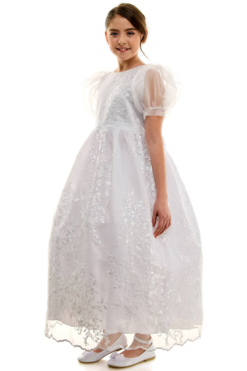 Madison First Communion Organza Bubble Sleeve Dress – Elegant Embroidered Dress with Detachable Satin Bow – Made in USA