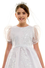 Madison First Communion Organza Bubble Sleeve Dress – Elegant Embroidered Dress with Detachable Satin Bow – Made in USA