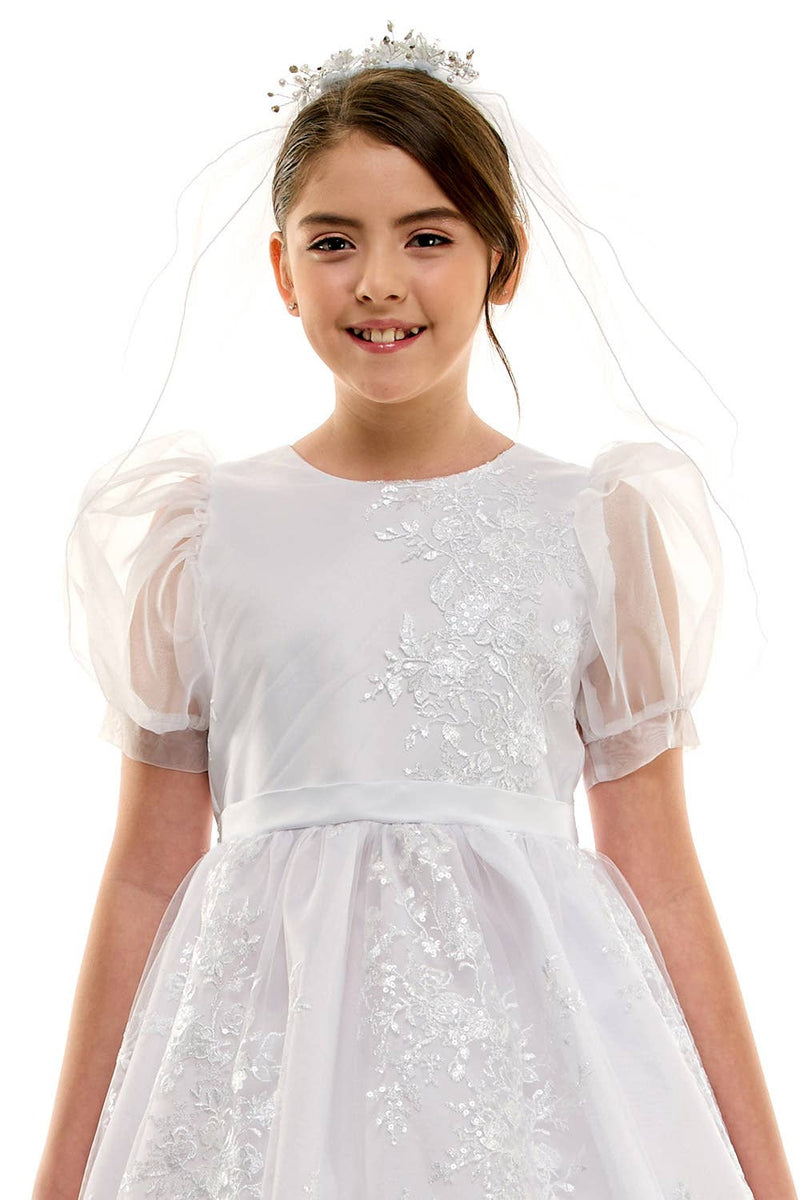 Madison First Communion Organza Bubble Sleeve Dress – Elegant Embroidered Dress with Detachable Satin Bow – Made in USA