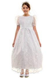 Madison First Communion Organza Bubble Sleeve Dress – Elegant Embroidered Dress with Detachable Satin Bow – Made in USA