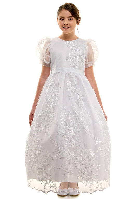 Madison First Communion Organza Bubble Sleeve Dress – Elegant Embroidered Dress with Detachable Satin Bow – Made in USA