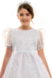 Madison First Communion Organza Bubble Sleeve Dress – Elegant Embroidered Dress with Detachable Satin Bow – Made in USA