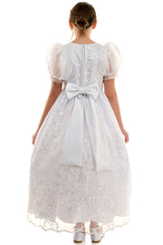 Madison First Communion Organza Bubble Sleeve Dress – Elegant Embroidered Dress with Detachable Satin Bow – Made in USA