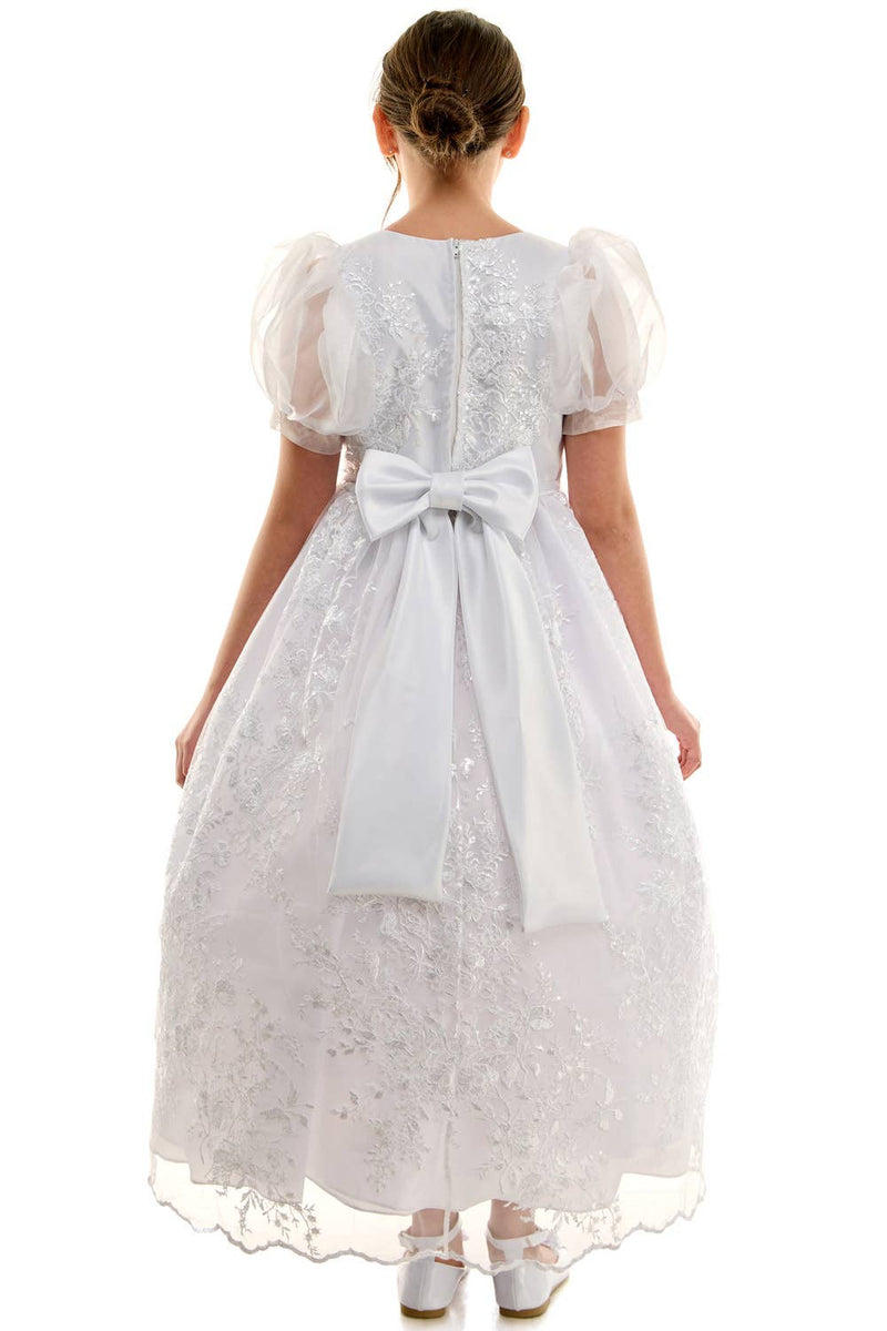 Madison First Communion Organza Bubble Sleeve Dress – Elegant Embroidered Dress with Detachable Satin Bow – Made in USA