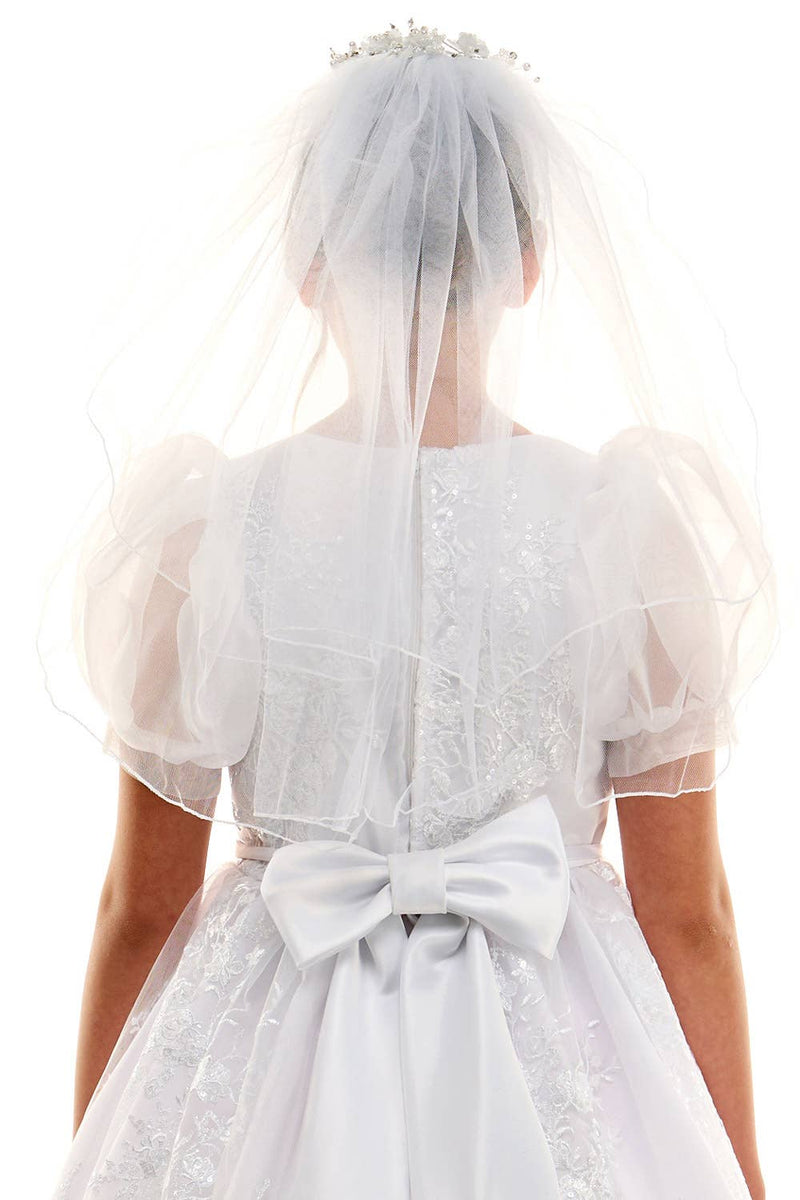Madison First Communion Organza Bubble Sleeve Dress – Elegant Embroidered Dress with Detachable Satin Bow – Made in USA