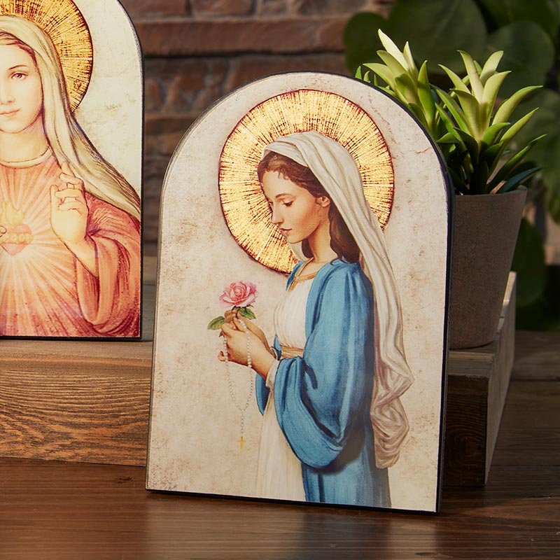 Madonna Of The Rose Arched Wood Plaque