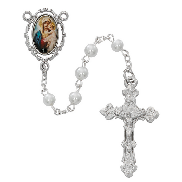 Madnonna and Child Rosary made with pearl coated beads and features a Madonna and Child Center and an accented Crucifix made from rhodium plated pewter a perfect gift to your mother sister parents family and friends during mother's day birthdays or any occasion