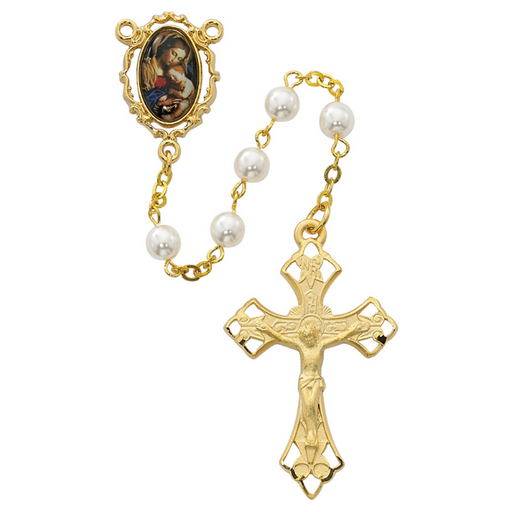 Madonna and Child Rosary made with Glass Pearl Bead that features a Madonna and Child Center and accented Crucifix made from Gold plated pewter a perfect collection or gift to your parents family and friends on any occasion
