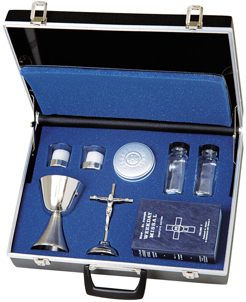 Mass Kit with Molded Locking Case – Includes Chalice, Crucifix, Host Box, Candles & Bottles – Vestment Compartment