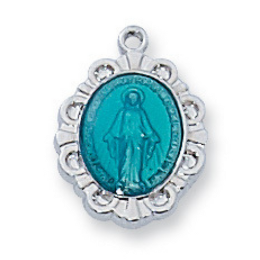 Miraculous Medal Blue Enamel Sterling Silver with 13" Rhodium Plated Chain
