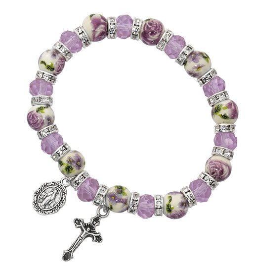 Miraculous Medal Bracelet with Ceramic Purple, Flower Beads and Crystals