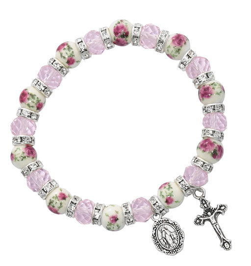 Miraculous Medal Bracelet with Pink Crystal, Purple Flower Ceramic Beads and Crystals