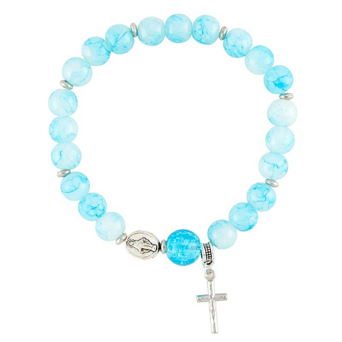 Miraculous Medal Glass Bead Bracelet with Crucifix Dangle - 6 Pieces Per Package