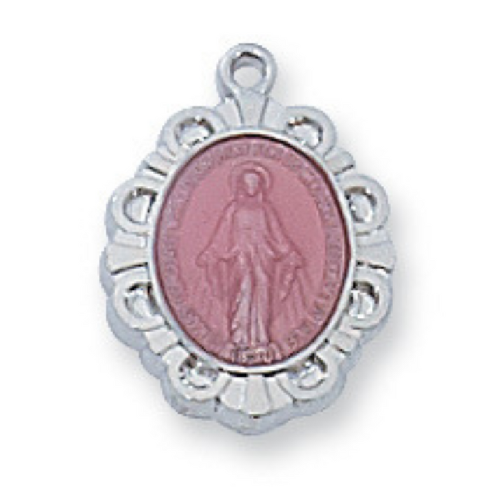 Medalla Milagrosa de plata de ley con esmalte rosa y cadena de rodio de 16"