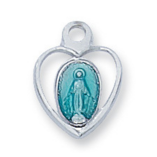 Miraculous Medal Sterling Silver with Blue Enamel and 16" Rhodium Plated Chain