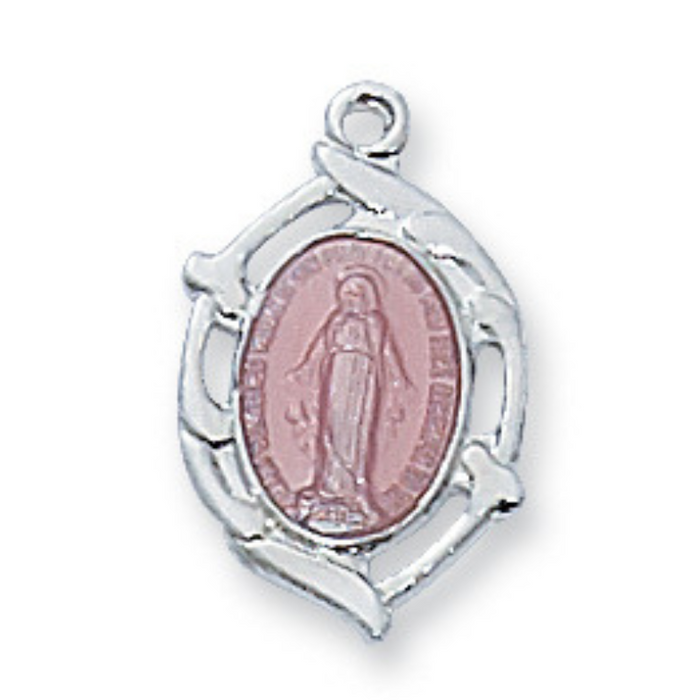 Miraculous Medal Sterling Silver with Pink Enamel and 16" Rhodium Chain