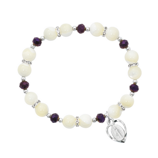 Mother of Pearl with Purple Crystal Miraculous Medal Bracelet