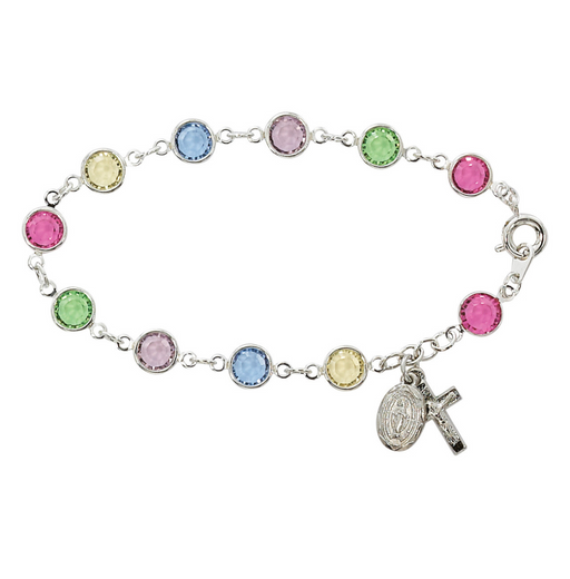 Multi Color Crystal Beads w/ Rhodium Miraculous Medal Rosary Bracelet