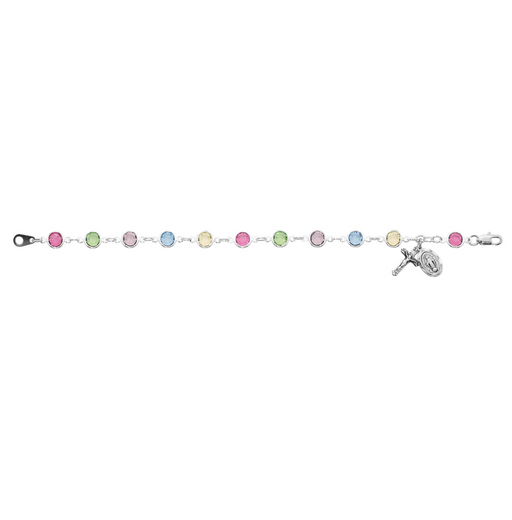 Multi Color Crystal Beads w/ Sterling Silver Miraculous Medal Rosary Bracelet