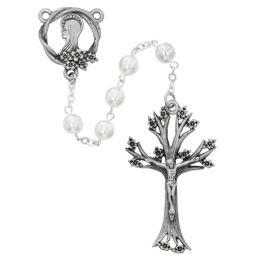 Nature Inspired Blessed Virgin Mary Rosary made in pewter with white glass dogwood beads that features a flower detailed center and tree inspired crucifix a perfect gift to your mother sister family and friends during mother's day birthdays or any occasion
