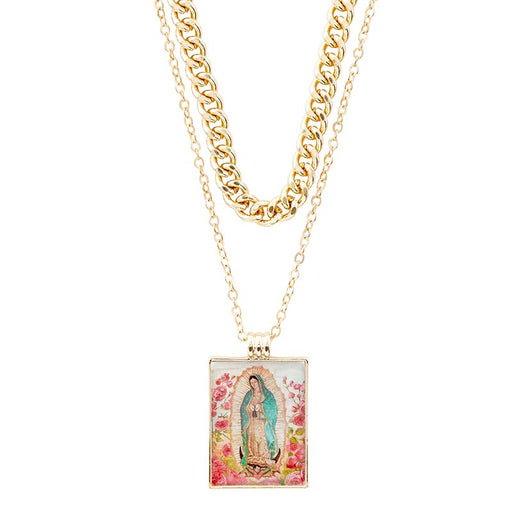 Our Lady Of Guadalupe Gold-Double Chain Necklace with Art Tile Square Pendant