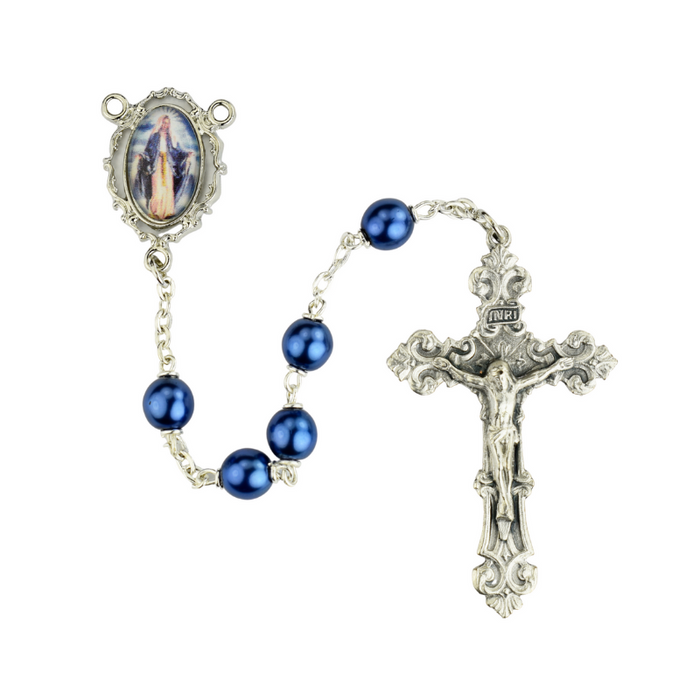 Our Lady of Guadalupe Rosary made with Blue pearl beads features Our Lady of Guadalupe Center and accented crucifix perfect gift to your mother father parents family and friends on any occassion