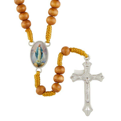 Our Lady of Grace Light Brown Cord Rosary with Silver-Plated Crucifix - 12 Pieces Per Package