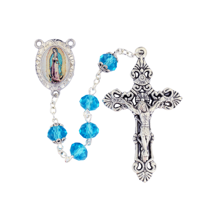 Our Lady of Guadalupe Aqua Crystal RosaryOur Lady of Guadalupe Aqua Crystal Rosary in a Plastic Box