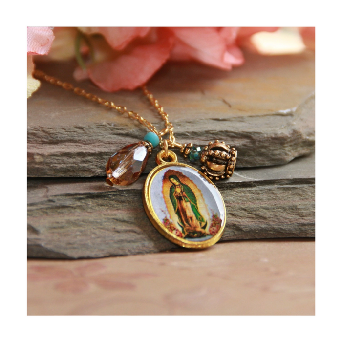 Our Lady of Guadalupe Necklace that features a Crystal Drop and Crown Charm a perfect Catholic Religious gift to your sister mother family and friends for their birthday Christmas or any occasion