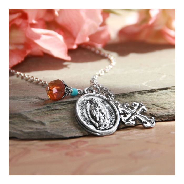 Our Lady of Guadalupe Necklace that features a Crystal and Cross Drop a perfect Catholic Religious gift to your sister mother family and friends for their birthday Christmas or any occasion