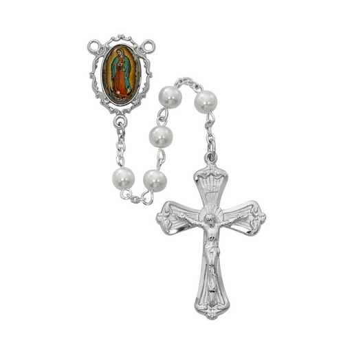 Our Lady of Guadalupe Rosary made from Rhodium Plated Pewter finished with an accented crucifix and Our Lady of Guadalupe Center perfect of gifting on any occasion for your parents family and friends.