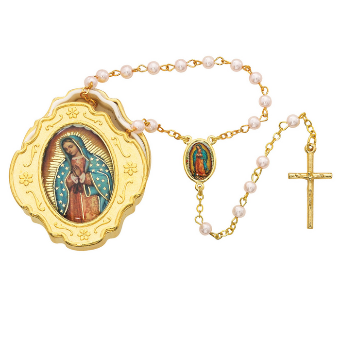 Our Lady of Guadalupe Gold Plated Medal w/ Pink Pearl Rosary
