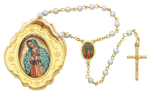 Our Lady of Guadalupe Gold Plated w/ Blue Pearl Rosary
