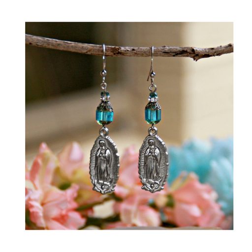 Our Lady of Guadalupe Teal Crystal Earrings