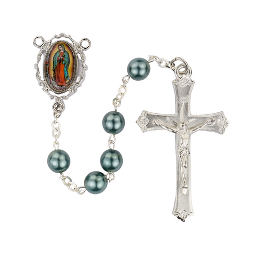 Our Lady of Guadalupe Rosary made from Rhodium Plated Pewter with Teal Pearl Beadsfinished with an accented crucifix and Our Lady of Guadalupe Center perfect of gifting on any occasion for your parents family and friends.