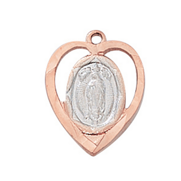 Our Lady of Guadalupe Two Tone Heart Shaped Medal with 18" Chain Necklace