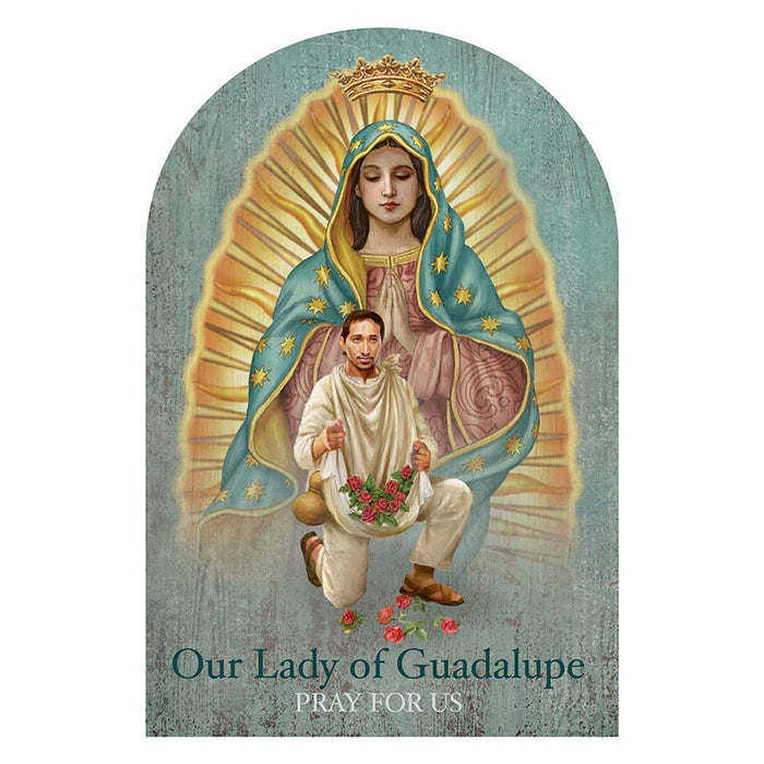 Nuestra Señora de Guadalupe con soporte de escritorio arqueado de Juan Diego