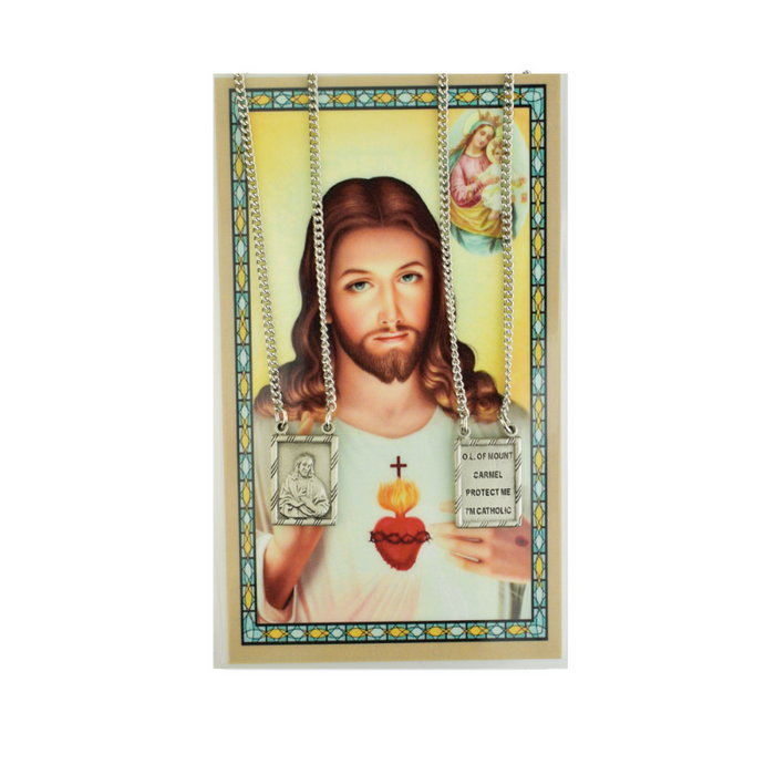 Our Lady of Mount Carmel Scapular with 24" Chain and Laminated Holy Card
